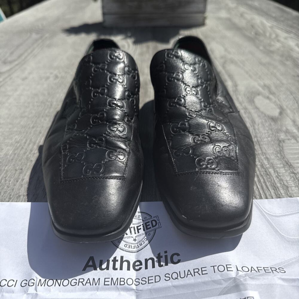 Gucci Dress Loafers GG Monogram Embossed Square Toe Leather Size I 9.5/US 10.5.